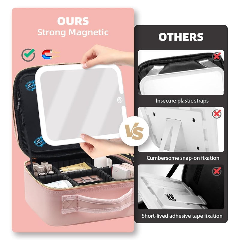 Suupvaor Travel Makeup Bag Cosmetic Organizer with Large Magnetic Removable Lighted Mirror 3Color Modes Adjustable Brightness 360 Angle Makeup Travel Train Case Gift Pink - Image 3