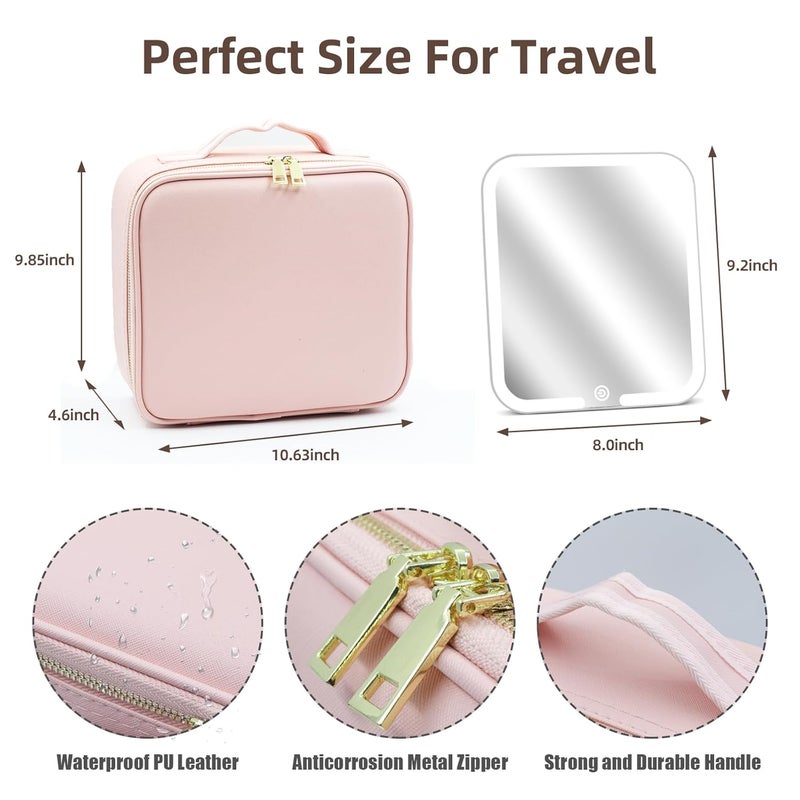 Suupvaor Travel Makeup Bag Cosmetic Organizer with Large Magnetic Removable Lighted Mirror 3Color Modes Adjustable Brightness 360 Angle Makeup Travel Train Case Gift Pink - Image 5