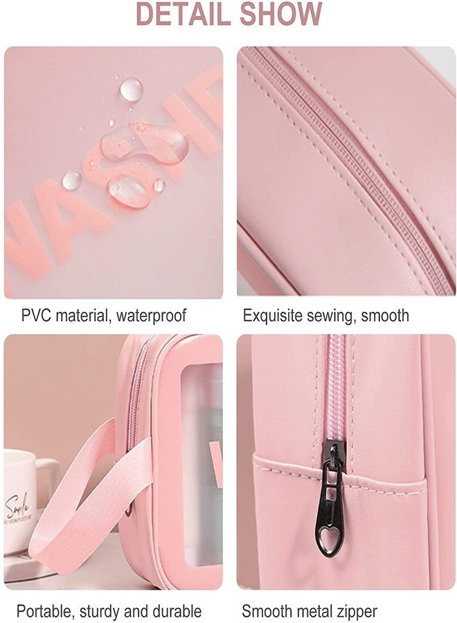 FLOOVI Makeup Pouch for Women Waterproof PVC Cosmetic Bags Girls Toiletry Storage Wash Bag Travel Organizer for Bath Accessories & Grooming Organiser Case Carry Kit, Set of 3 Pouches (Pink) - Image 4