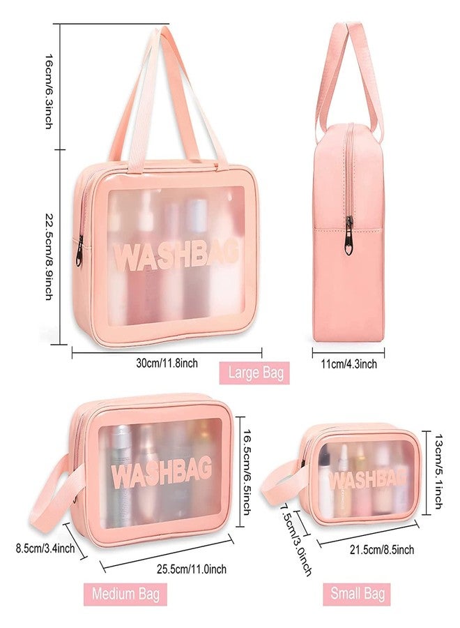 FLOOVI Makeup Pouch for Women Waterproof PVC Cosmetic Bags Girls Toiletry Storage Wash Bag Travel Organizer for Bath Accessories & Grooming Organiser Case Carry Kit, Set of 3 Pouches (Pink) - Image 3