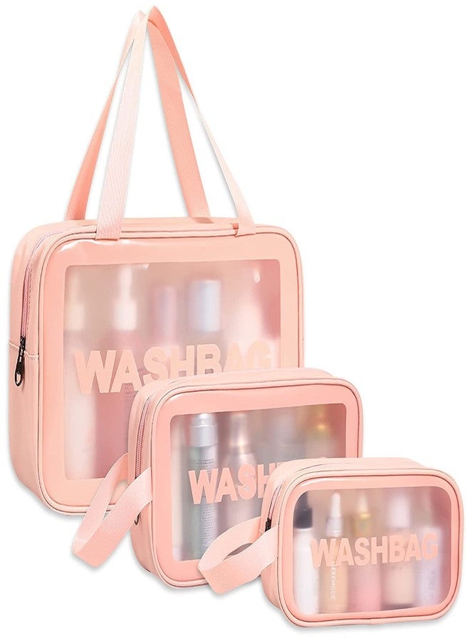 FLOOVI Makeup Pouch for Women Waterproof PVC Cosmetic Bags Girls Toiletry Storage Wash Bag Travel Organizer for Bath Accessories & Grooming Organiser Case Carry Kit, Set of 3 Pouches (Pink) - Image 1
