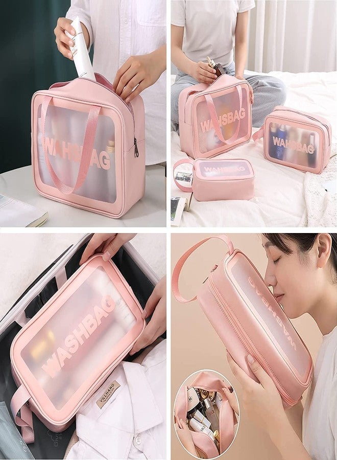 FLOOVI Makeup Pouch for Women Waterproof PVC Cosmetic Bags Girls Toiletry Storage Wash Bag Travel Organizer for Bath Accessories & Grooming Organiser Case Carry Kit, Set of 3 Pouches (Pink) - Image 2