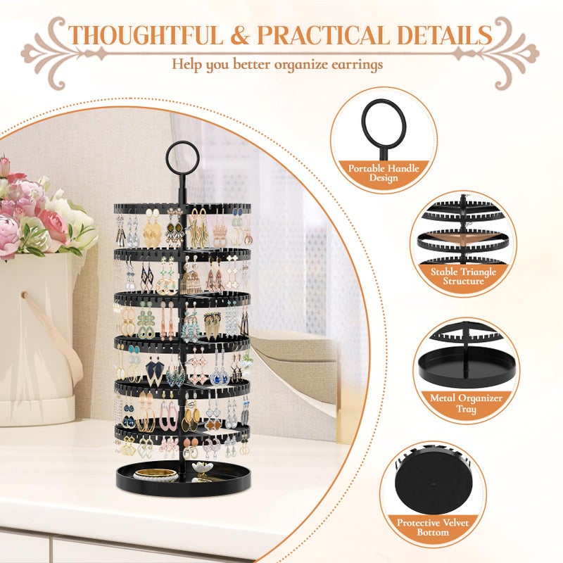 iDavosic.ly 6 Tier Rotating Earring Holder Organizer with Metal Tray, Adjustable Plastic Dangle Display Stands Tree with 342 Grooves, Large Hoop Storage Rack Tower, Black - Image 5