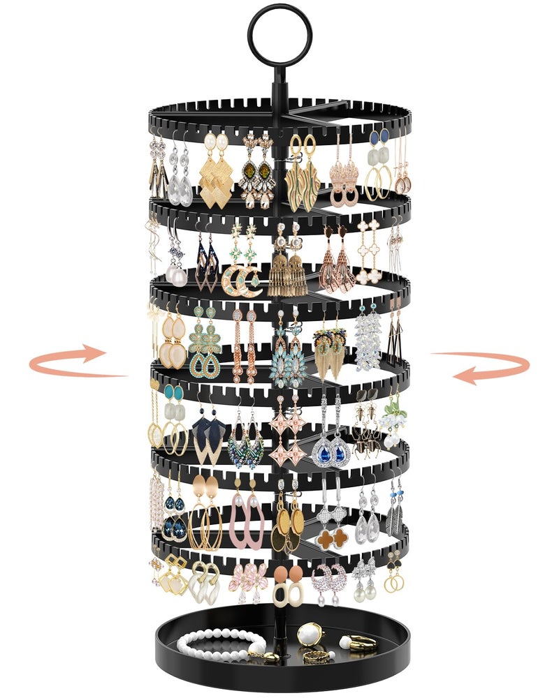 iDavosic.ly 6 Tier Rotating Earring Holder Organizer with Metal Tray, Adjustable Plastic Dangle Display Stands Tree with 342 Grooves, Large Hoop Storage Rack Tower, Black - Image 1