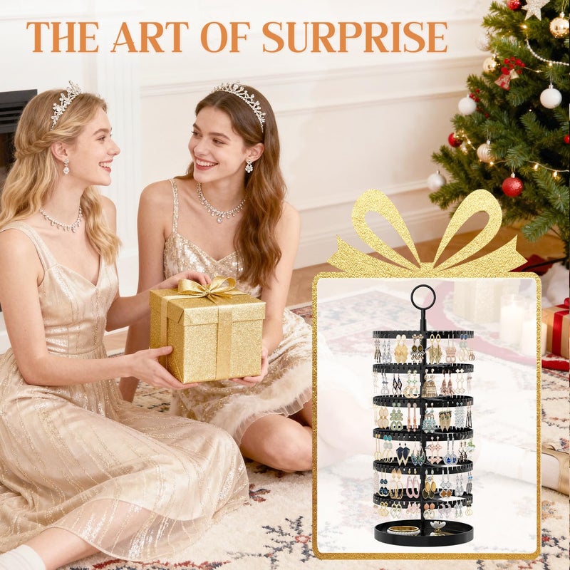 iDavosic.ly 6 Tier Rotating Earring Holder Organizer with Metal Tray, Adjustable Plastic Dangle Display Stands Tree with 342 Grooves, Large Hoop Storage Rack Tower, Black - Image 2