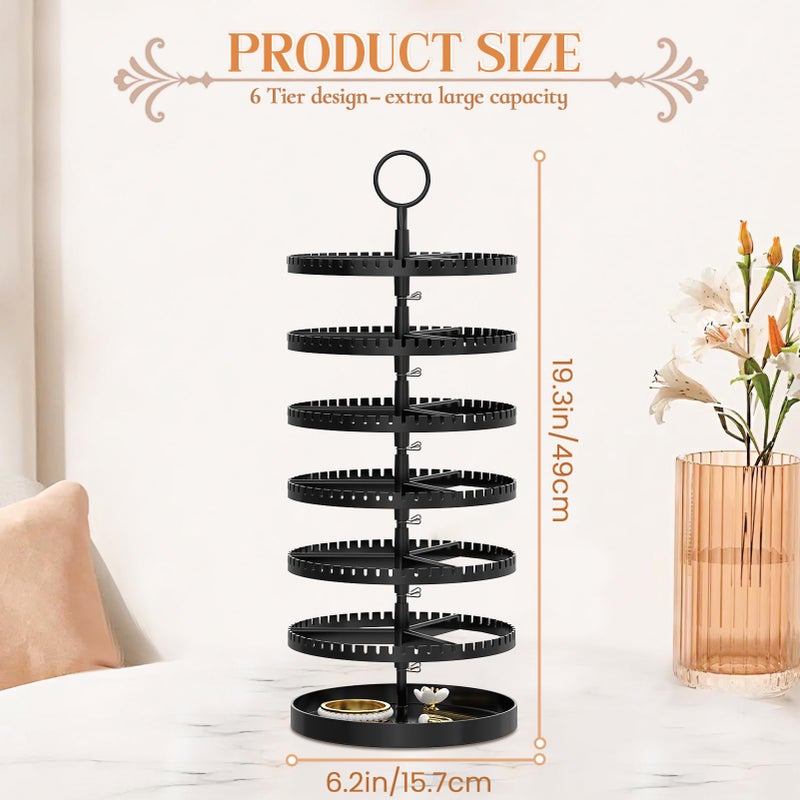 iDavosic.ly 6 Tier Rotating Earring Holder Organizer with Metal Tray, Adjustable Plastic Dangle Display Stands Tree with 342 Grooves, Large Hoop Storage Rack Tower, Black - Image 3