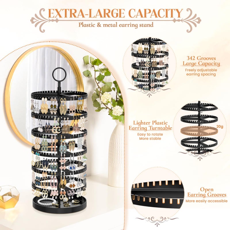 iDavosic.ly 6 Tier Rotating Earring Holder Organizer with Metal Tray, Adjustable Plastic Dangle Display Stands Tree with 342 Grooves, Large Hoop Storage Rack Tower, Black - Image 4
