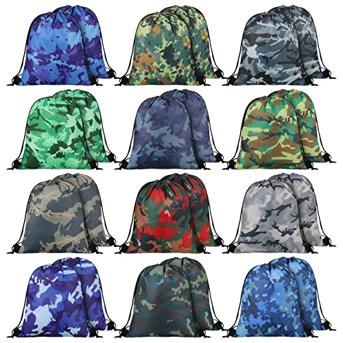 Woanger 24 Pcs Camo Drawstring Bags Bulk 11.81 x 9.84 Inch Camouflage Paintball Goodie Gift Bags Waterproof Lightweight String Cinch Backpack Army Military Hunting Gym Travel Sport Camp Party Supplies - Image 1