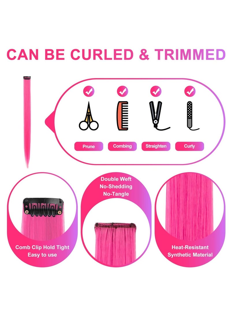 Estelle 22 inch Colored Hair Extensions Straight Hairpiece, Multi-colors Party Highlights Clip in Synthetic Hair Extensions (10 PCS Hot Pink) - Image 4