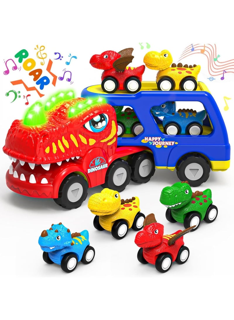 SOLARAE Toddler Car Toys for 1 2 3 4 5 Year Old Boy, 5-in-1 Dinosaur Vehicle Trucks Toys for Toddlers 1-3 with Sounds & Lights & 4 Small Car, Dinosaur Toys for Kids 4-6, Gift for Birthday, Red - Image 1