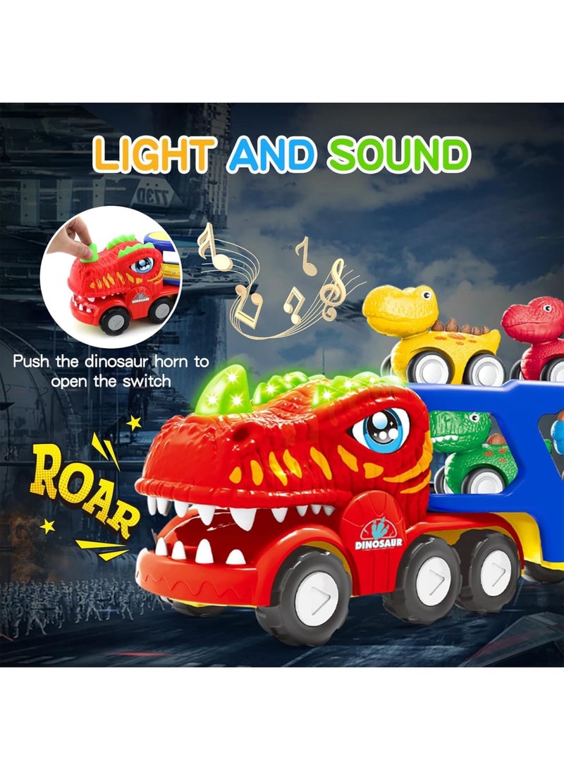 SOLARAE Toddler Car Toys for 1 2 3 4 5 Year Old Boy, 5-in-1 Dinosaur Vehicle Trucks Toys for Toddlers 1-3 with Sounds & Lights & 4 Small Car, Dinosaur Toys for Kids 4-6, Gift for Birthday, Red - Image 2