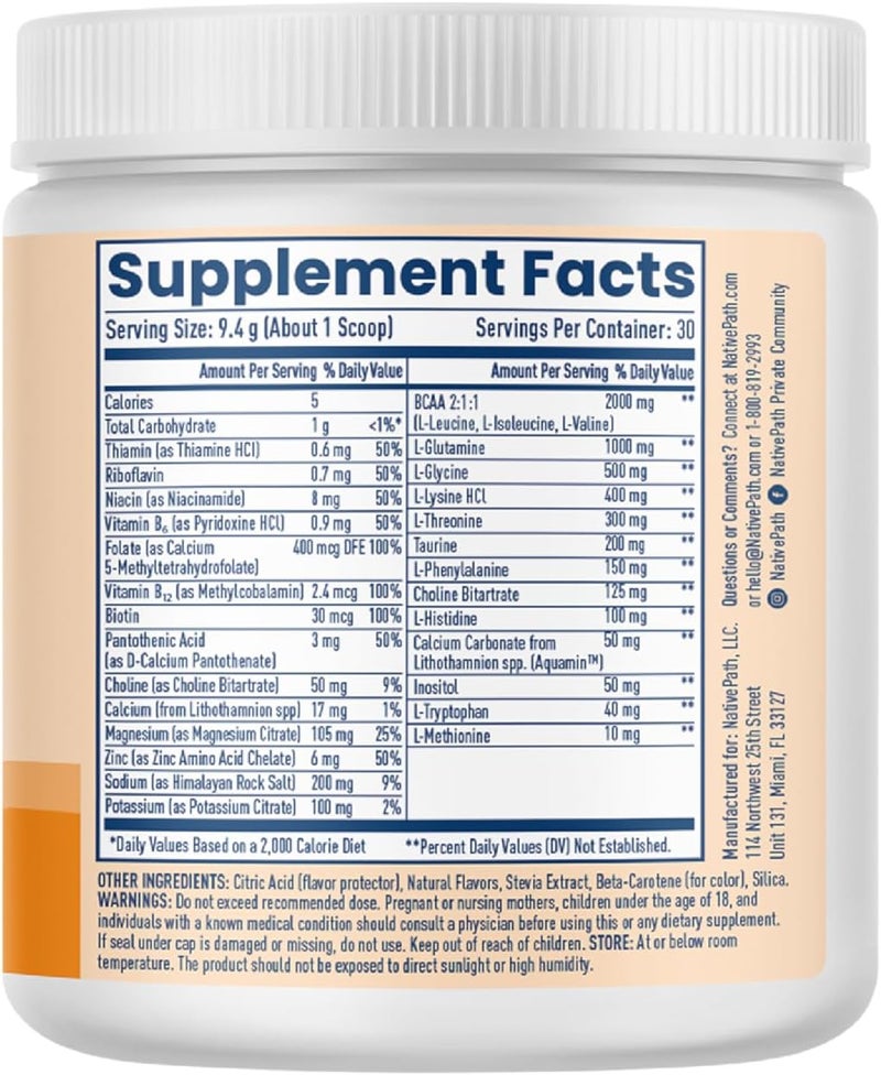 NativePath Native Hydrate Zero Sugar Electrolytes Powder with BCAAs Tangerine Hydration Keto  Paleo Friendly 30 Servings - Image 3