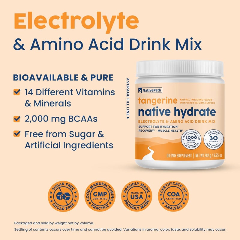 NativePath Native Hydrate Zero Sugar Electrolytes Powder with BCAAs Tangerine Hydration Keto  Paleo Friendly 30 Servings - Image 4