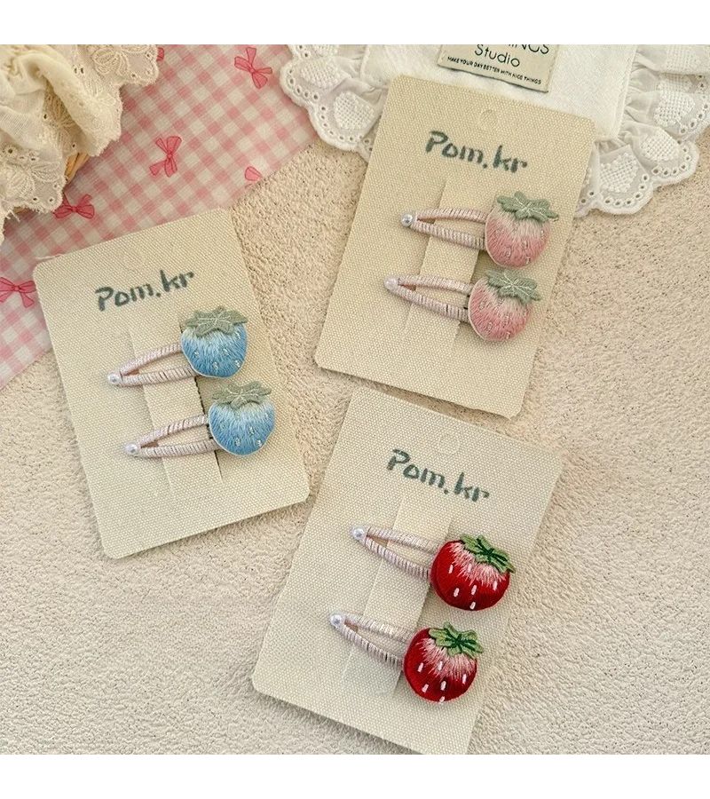 Pink Strawberry Hand Embroidered Hair Clips Sweet Bangs Side Hair Accessories - Image 2