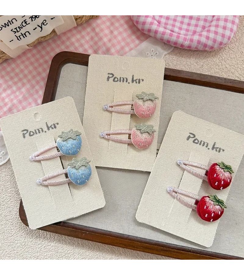 Pink Strawberry Hand Embroidered Hair Clips Sweet Bangs Side Hair Accessories - Image 1