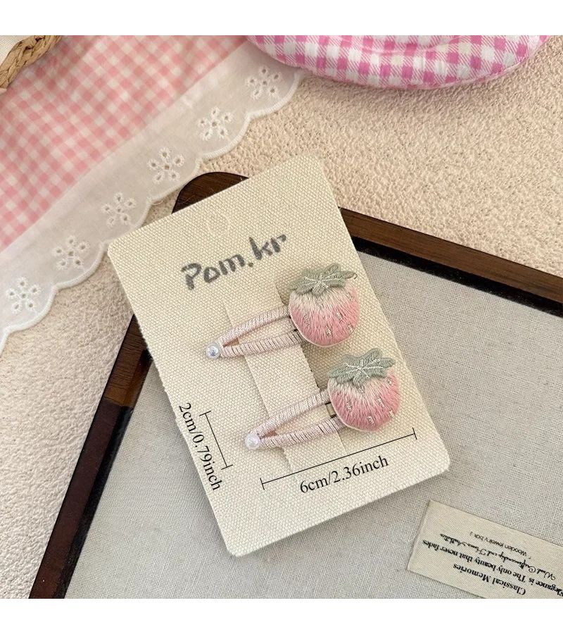 Pink Strawberry Hand Embroidered Hair Clips Sweet Bangs Side Hair Accessories - Image 4