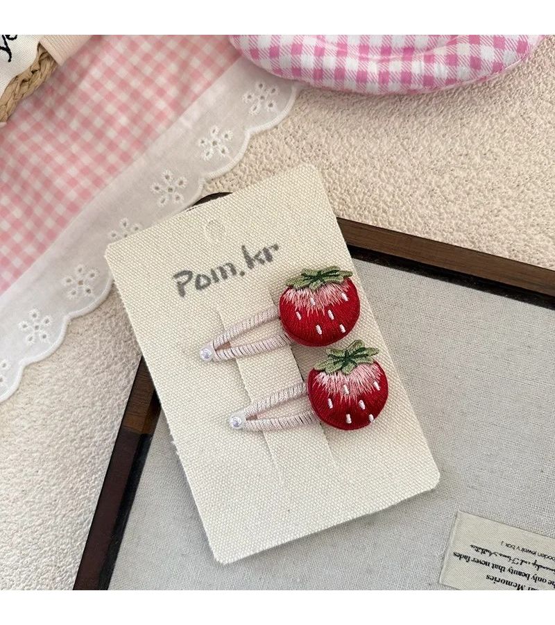 Pink Strawberry Hand Embroidered Hair Clips Sweet Bangs Side Hair Accessories - Image 5