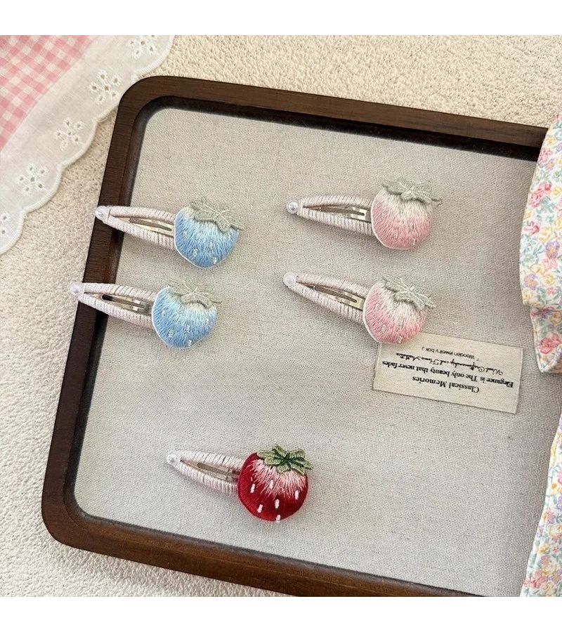 Pink Strawberry Hand Embroidered Hair Clips Sweet Bangs Side Hair Accessories - Image 3
