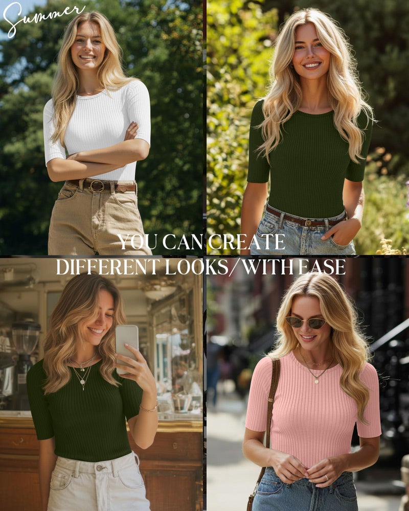 Riyiper 3 Pack Women's Elbow Length Tops, Half Sleeve Ribbed Cotton T Shirt Crew Neck Summer Tee Slim Fit Casual Blouses(Dark Green, White, Gray Pink,Medium) - Image 2