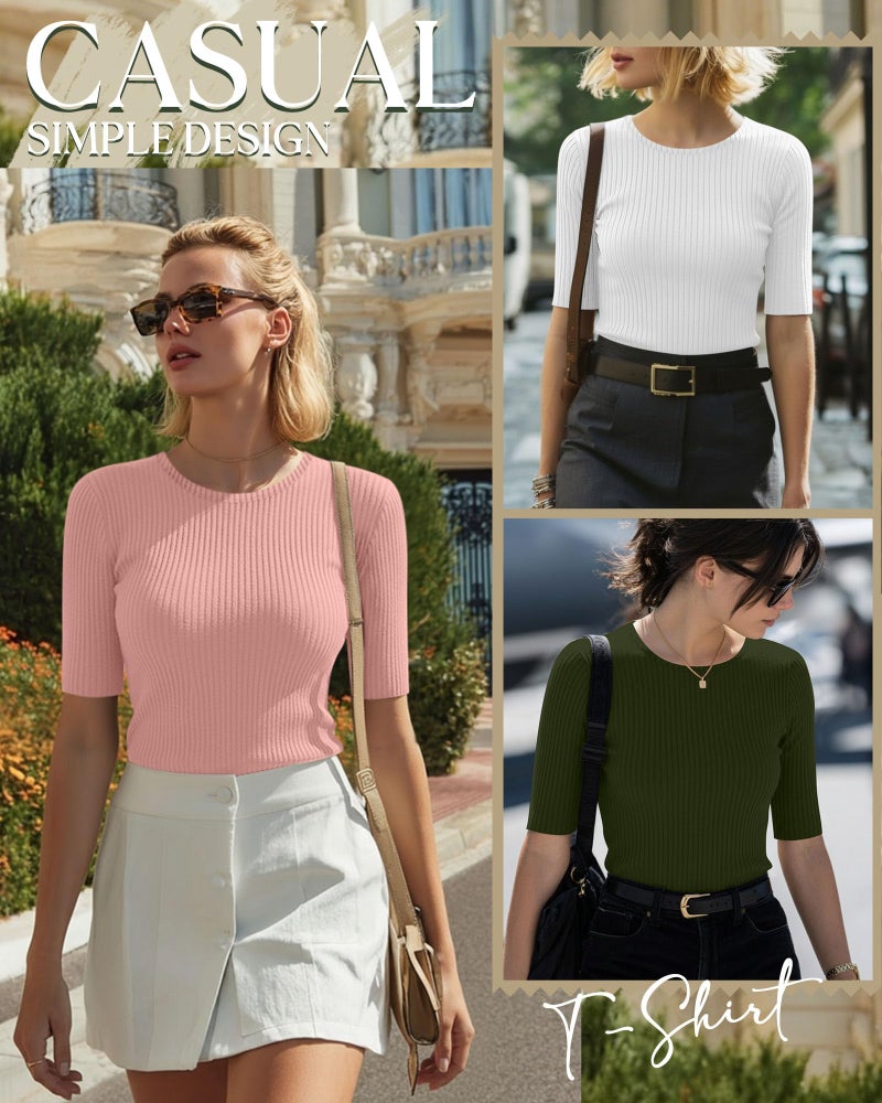 Riyiper 3 Pack Women's Elbow Length Tops, Half Sleeve Ribbed Cotton T Shirt Crew Neck Summer Tee Slim Fit Casual Blouses(Dark Green, White, Gray Pink,Medium) - Image 5