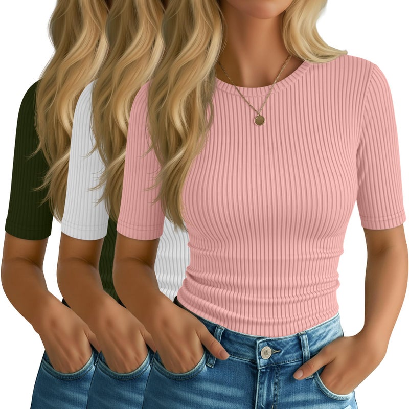 Riyiper 3 Pack Women's Elbow Length Tops, Half Sleeve Ribbed Cotton T Shirt Crew Neck Summer Tee Slim Fit Casual Blouses(Dark Green, White, Gray Pink,Medium) - Image 1