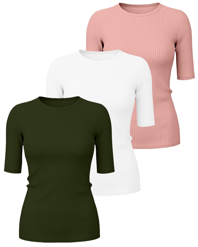 Riyiper 3 Pack Women's Elbow Length Tops, Half Sleeve Ribbed Cotton T Shirt Crew Neck Summer Tee Slim Fit Casual Blouses(Dark Green, White, Gray Pink,Medium) - Image 3