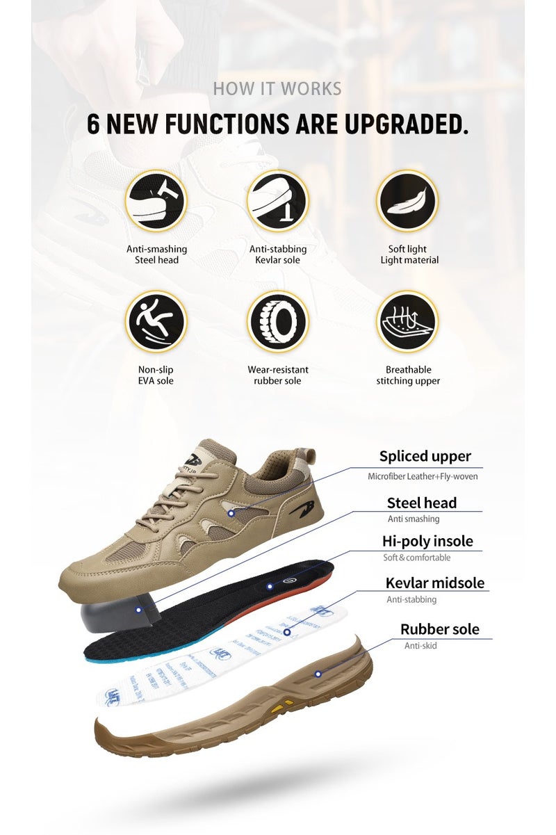 Breathable labor protection shoes, anti-smash and anti-puncture steel toe safety shoes, comfortable and wear-resistant work shoes, lightweight adventure sports shoes khaki - Image 4