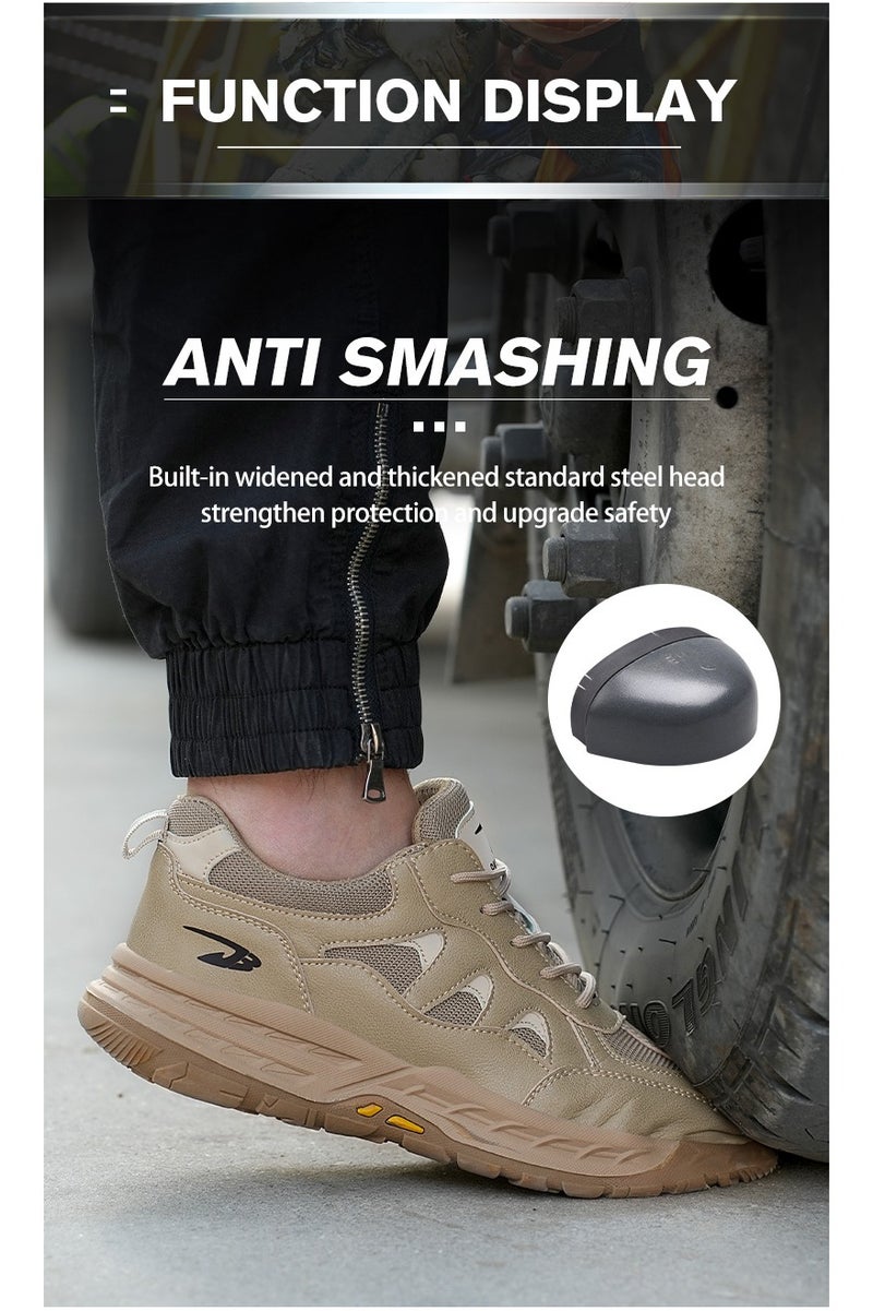 Breathable labor protection shoes, anti-smash and anti-puncture steel toe safety shoes, comfortable and wear-resistant work shoes, lightweight adventure sports shoes khaki - Image 5