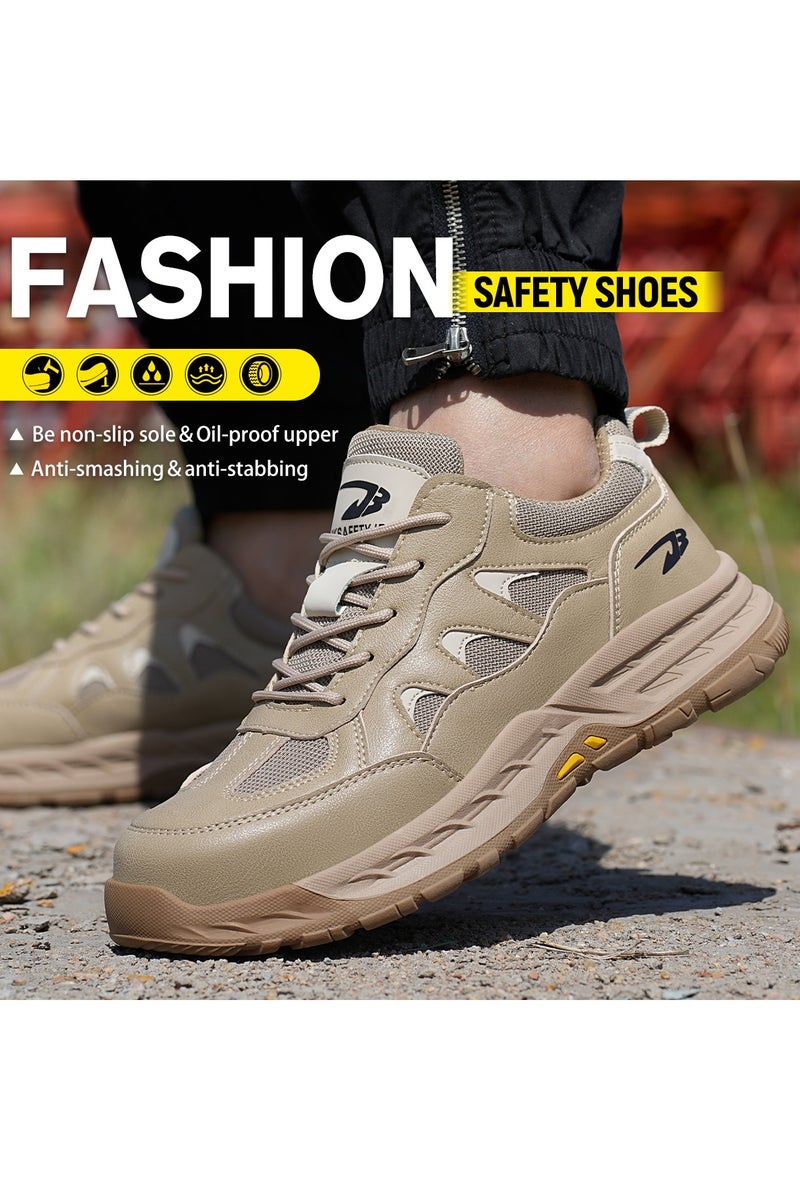 Breathable labor protection shoes, anti-smash and anti-puncture steel toe safety shoes, comfortable and wear-resistant work shoes, lightweight adventure sports shoes khaki - Image 1