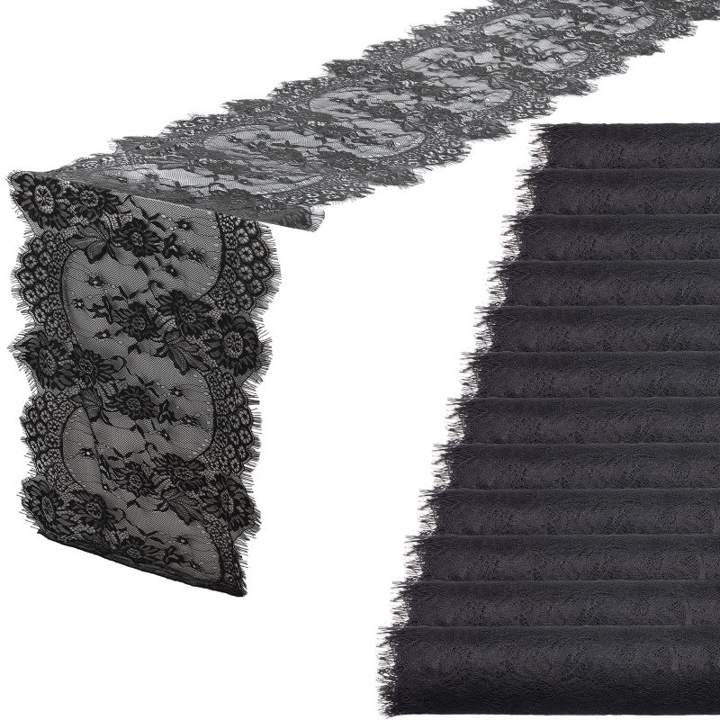 Chumia Chumia 12 Pcs Black Lace Table Runners 14 x 120 Inch Rustic Wedding Lace Table Runner Decor Vintage Romantic Black Lace Table Cloth Party Decor for Halloween Engagement Hotel Home Table(Classic) - Image 1
