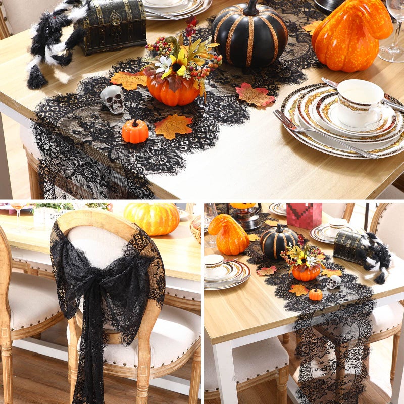 Chumia Chumia 12 Pcs Black Lace Table Runners 14 x 120 Inch Rustic Wedding Lace Table Runner Decor Vintage Romantic Black Lace Table Cloth Party Decor for Halloween Engagement Hotel Home Table(Classic) - Image 5