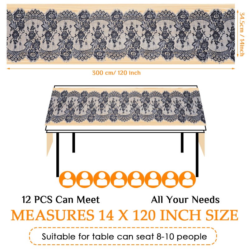 Chumia Chumia 12 Pcs Black Lace Table Runners 14 x 120 Inch Rustic Wedding Lace Table Runner Decor Vintage Romantic Black Lace Table Cloth Party Decor for Halloween Engagement Hotel Home Table(Classic) - Image 2