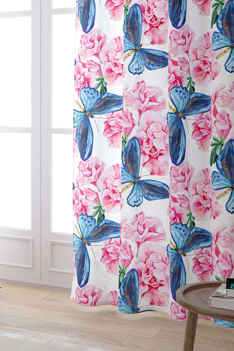 Cango Home Pink Blue Butterfly and Flower Patterned Digital Printed Curtain OTYK472-PR