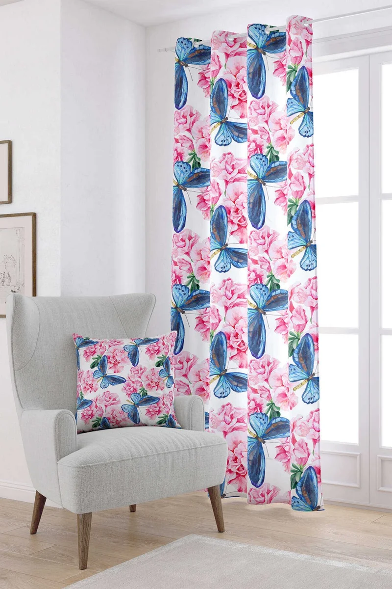 Cango Home Pink Blue Butterfly and Flower Patterned Digital Printed Curtain OTYK472-PR