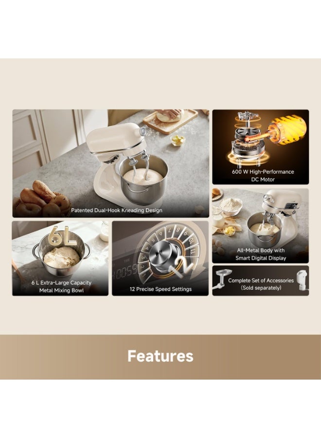 Dreame BioKnead™ Stand Mixer MX60, 6L Electric Stand Mixer 600W DC Motor, Dual-Hook Bionic Kneading System, 12-Speed Control, All-Metal Body with Digital Display, Includes Dough Hook Whisk Beater 6 L 600 W SM6002 Cream - Image 5