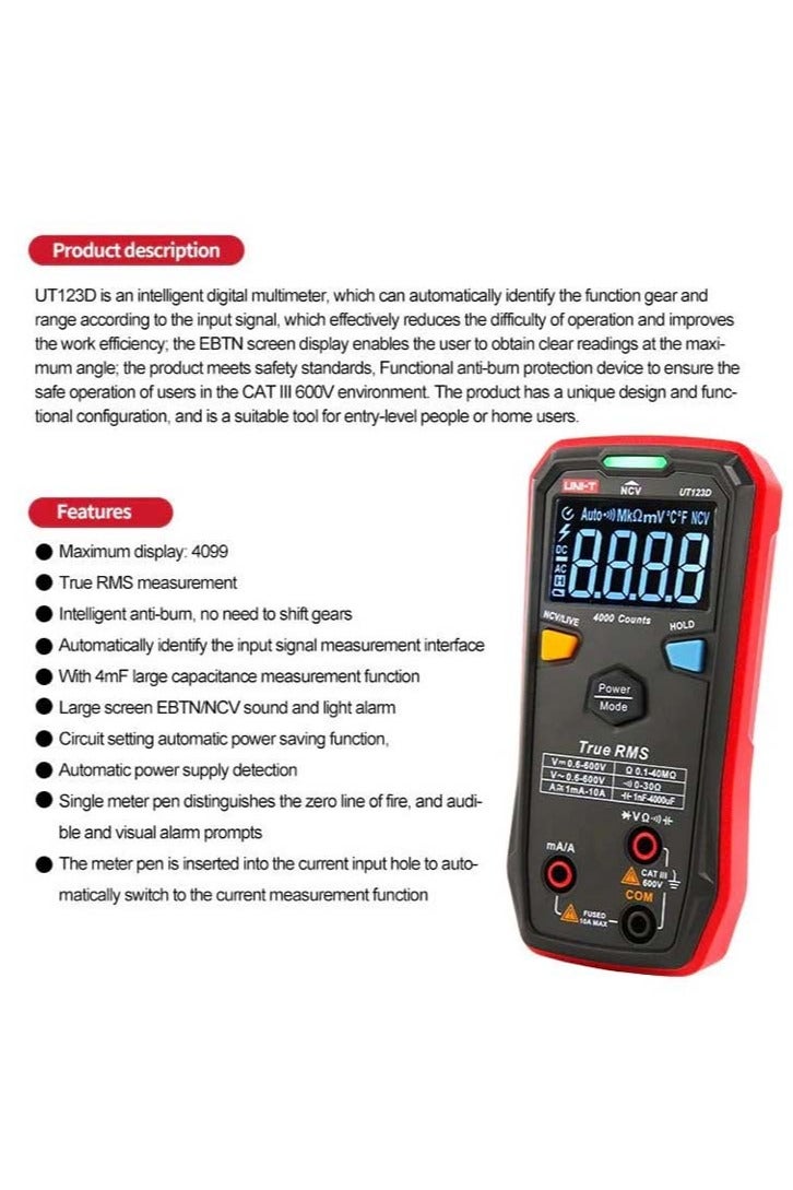 UniT UNI-T UT123D Digital Smart Multimeter NCV EBTN Display DC/AC Current Voltage Meter Capacitance Resistance Meter Multi Tester - Image 4