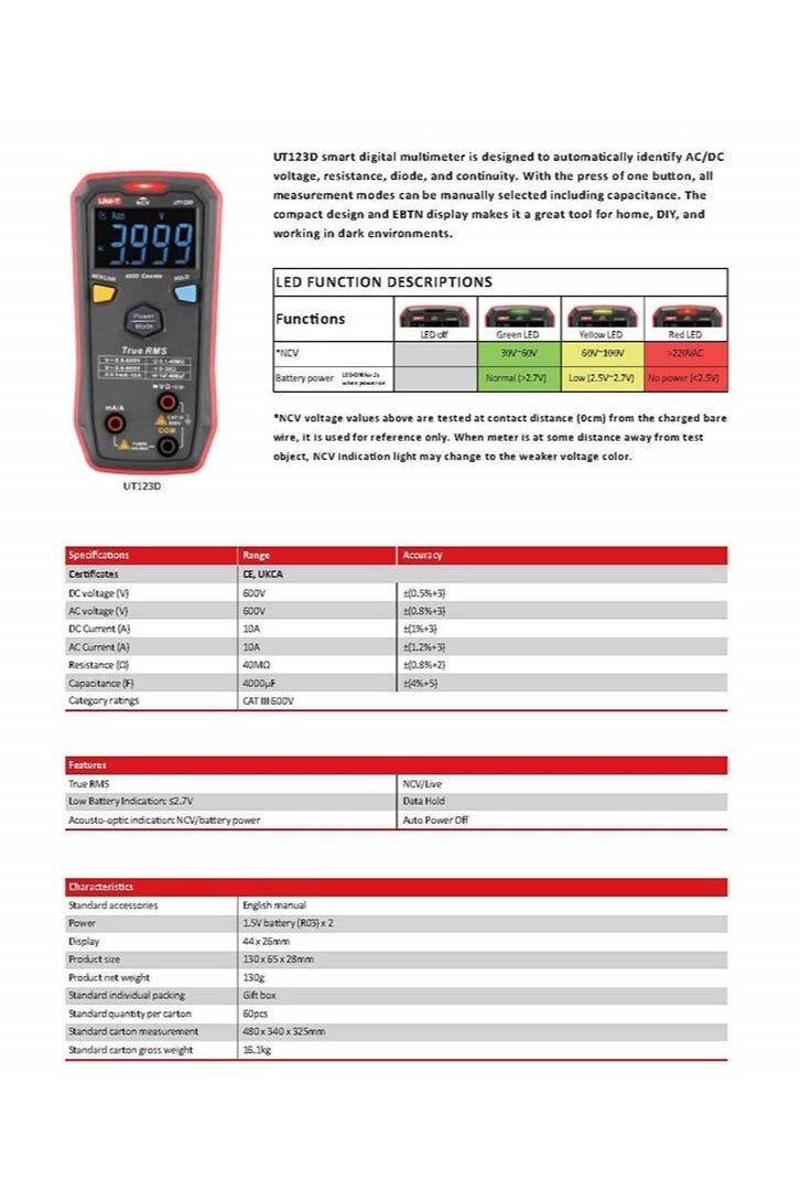 UniT UNI-T UT123D Digital Smart Multimeter NCV EBTN Display DC/AC Current Voltage Meter Capacitance Resistance Meter Multi Tester - Image 5