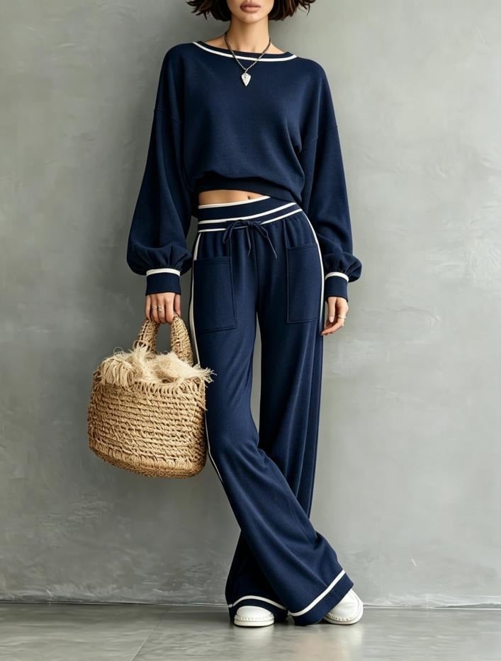 2026 Autumn/Winter Casual Solid Color Two-Piece Set: Round Neck Long Sleeve Sweatshirt & Wide Leg Drawstring Sweatpants - Navy Blue