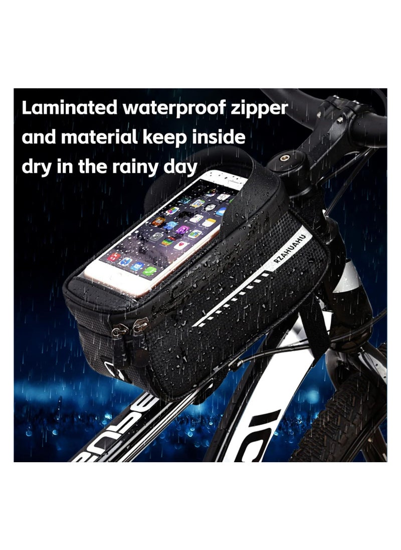 Generic Bike Front Frame Bag, Waterproof Bike Bag Bike Phone Holder Mountain Bicycle Handlebar Pouch Bike Accessories Cycling Storage Bag with TPU Touch-Screen Sun-Visor Rain Cover for Phones under 6.5”  - Image 2