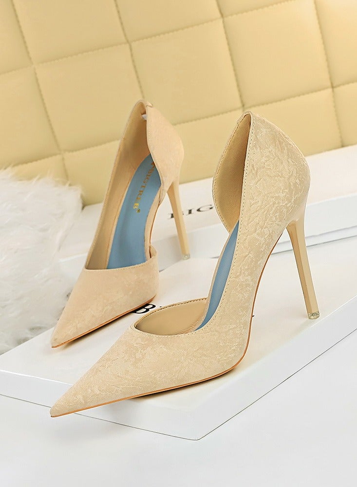 بيج تري Women's Fashionable And Elegant Side Hollow Stiletto Pumps 10.5 cm Elegant Gorgeous Closed Pointed Toe Slip On Solid High Heels Beige - Image 1