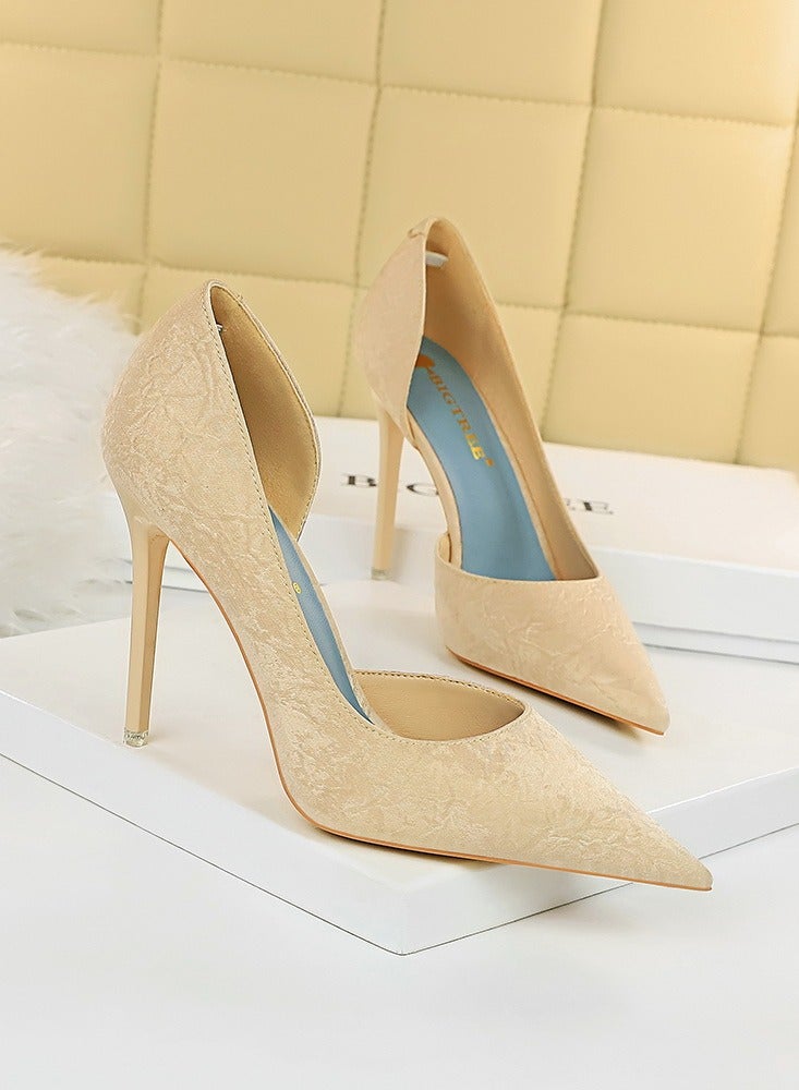بيج تري Women's Fashionable And Elegant Side Hollow Stiletto Pumps 10.5 cm Elegant Gorgeous Closed Pointed Toe Slip On Solid High Heels Beige - Image 2
