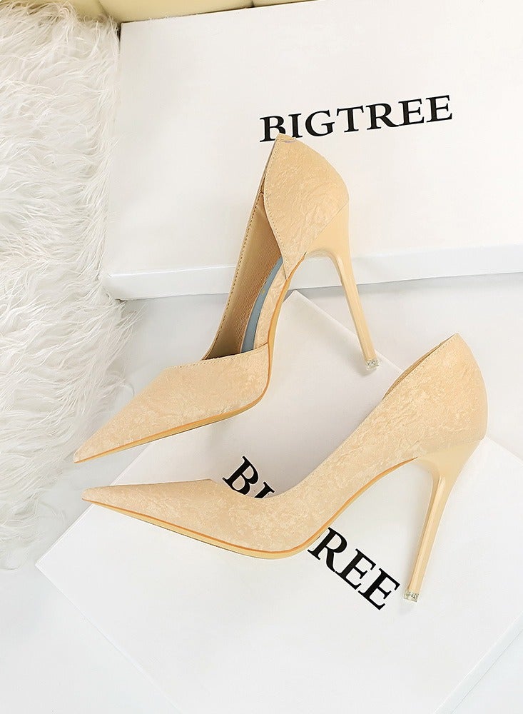 بيج تري Women's Fashionable And Elegant Side Hollow Stiletto Pumps 10.5 cm Elegant Gorgeous Closed Pointed Toe Slip On Solid High Heels Beige - Image 3