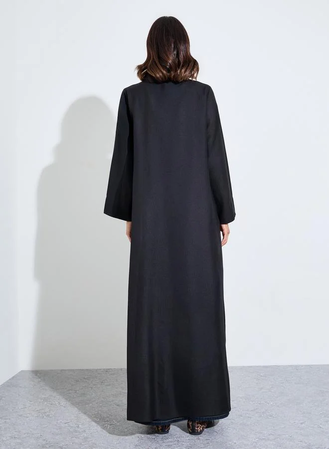 Amirah Black Linen Abaya with wide sleeve cuff for Women | Best Price UAE