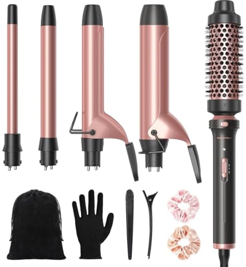 Wavytalk 5 in 1 Curling Iron,Curling Iron Set with Heated Round Brush and 4 Interchangeable Ceramic Curling Wand(0.5”-1.25"), Instant Heat Up,Dual Voltage Hair Curler - Image 1