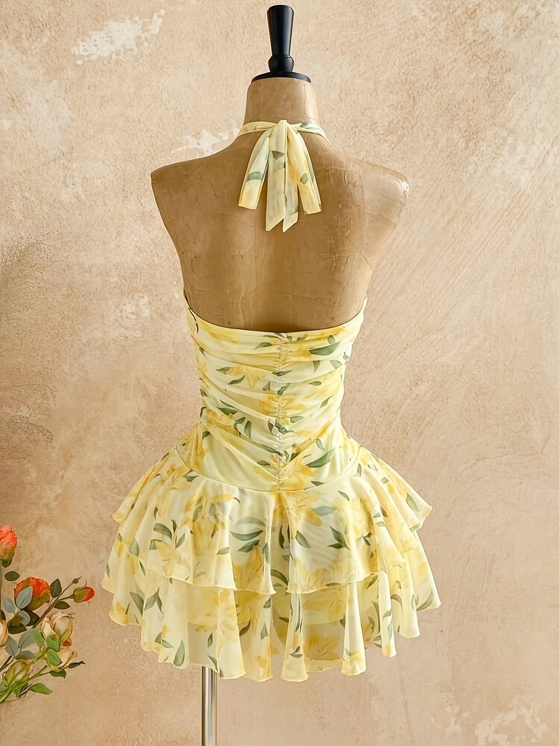Women'S Summer Yellow Floral Print New Mini Dress, Valentine'S Day Romantic Floral Print Vacation Afternoon Tea Beach Mini Skirt Women'S Style, Women'S Beach Outfit, Women'S Yellow Dress,... - Image 4