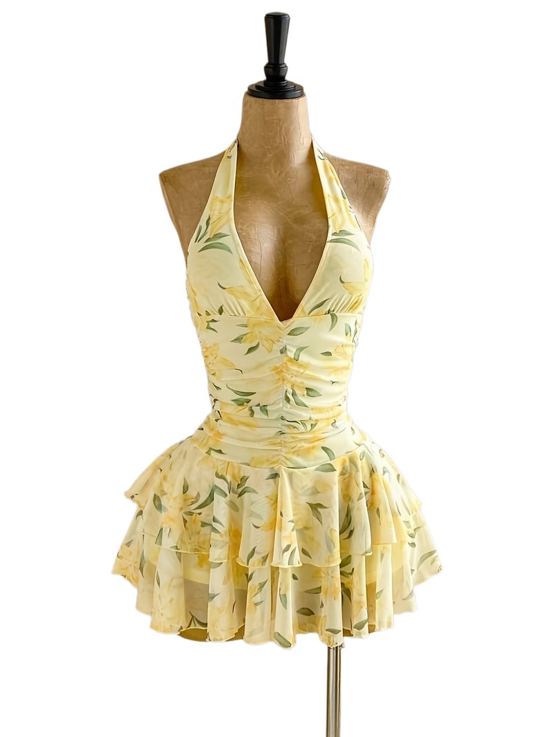 Women'S Summer Yellow Floral Print New Mini Dress, Valentine'S Day Romantic Floral Print Vacation Afternoon Tea Beach Mini Skirt Women'S Style, Women'S Beach Outfit, Women'S Yellow Dress,... - Image 1