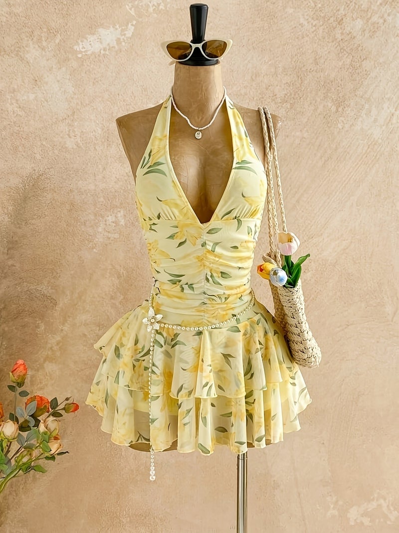 Women'S Summer Yellow Floral Print New Mini Dress, Valentine'S Day Romantic Floral Print Vacation Afternoon Tea Beach Mini Skirt Women'S Style, Women'S Beach Outfit, Women'S Yellow Dress,... - Image 2