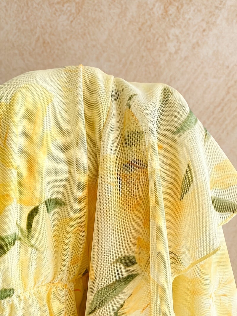 Women'S Summer Yellow Floral Print New Mini Dress, Valentine'S Day Romantic Floral Print Vacation Afternoon Tea Beach Mini Skirt Women'S Style, Women'S Beach Outfit, Women'S Yellow Dress,... - Image 5