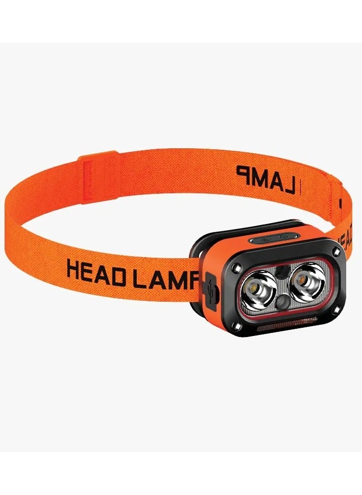 بورودو مصباح رأس LED قابل لإعادة الشحن، يعمل بتحكم يدوي، مزود ببطارية سعة 800 مللي أمبير/ساعة، سطوع 150 لومن، أوضاع إضاءة متعددة، منفذ شحن من النوع C، مدة تشغيل تصل إلى 6 ساعات، عصابة رأس مرنة قابلة للتعديل - برتقالي - Image 1