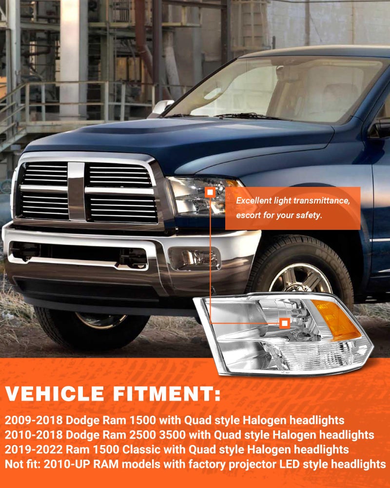 AXLAHA 2009-2018 Dodge Ram Headlights Assembly for 2009-2018 Dodge Ram 1500, 2010-2018 Dodge Ram 2500/3500 Chrome Housing Amber Reflector Driver and Passenger Side - Image 3